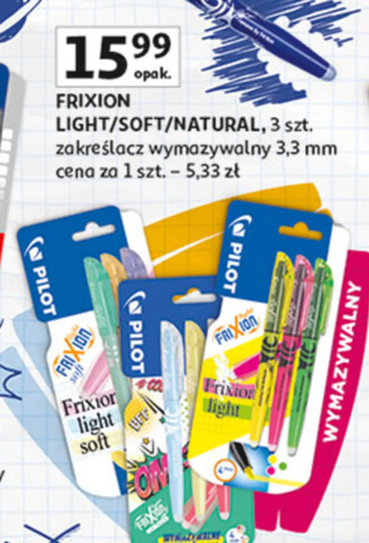 FRIXION LIGHT/SOFT/NATURAL, 3 szt. zakreślacz wymazywalny 3,3 mm