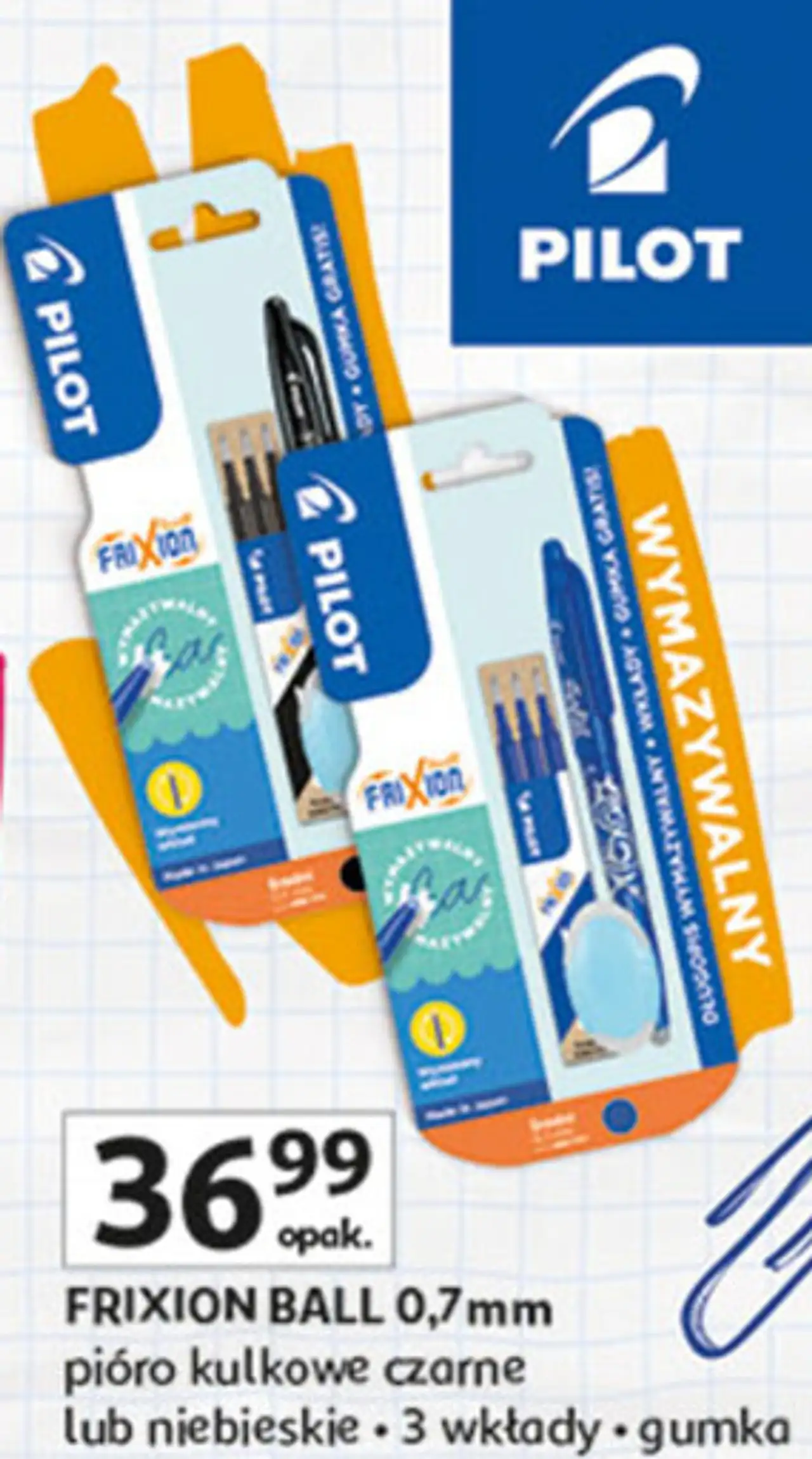 FRIXION BALL 0,7mm pióro kulkowe czarne lub niebieskie • 3 wkłady • gumka