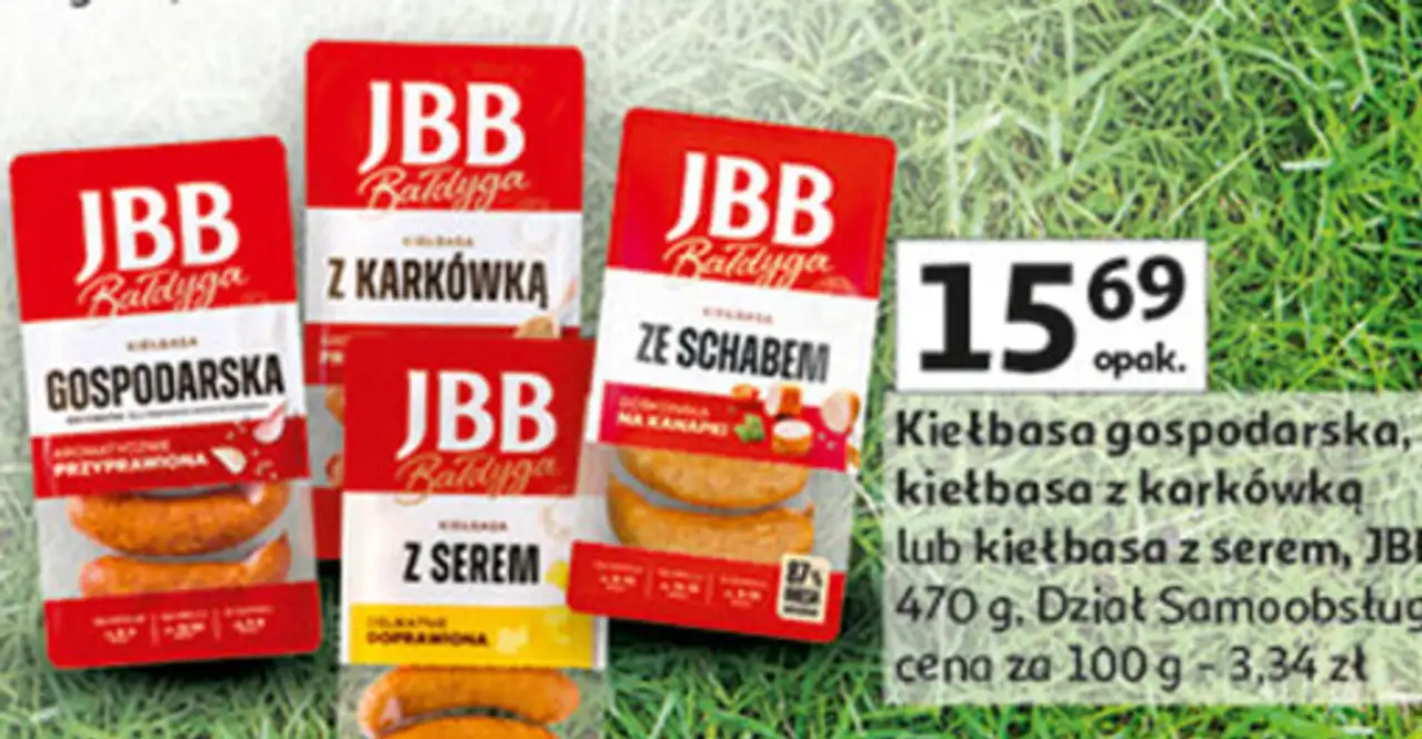 Kiełbasa gospodarska, kiełbasa z karkówką lub kiełbasa z serem, JBB