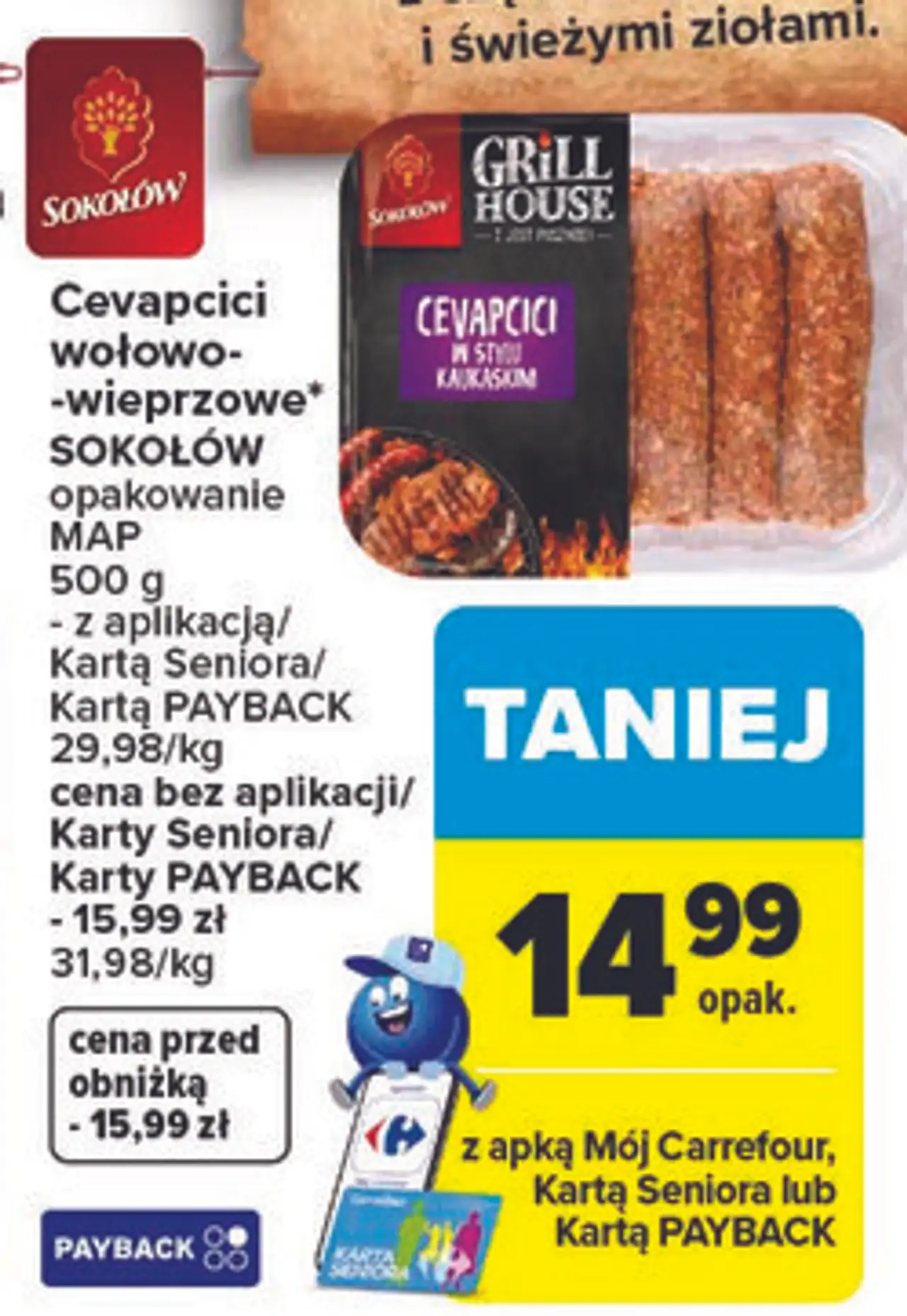 Cevapcici wołowo- -wieprzowe* SOKOŁÓW opakowanie MAP 500 g