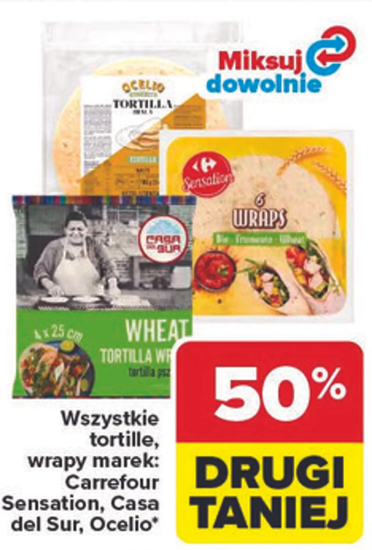 Wszystkie tortille, wrapy marek: Carrefour Sensation, Casa del Sur, Ocelio