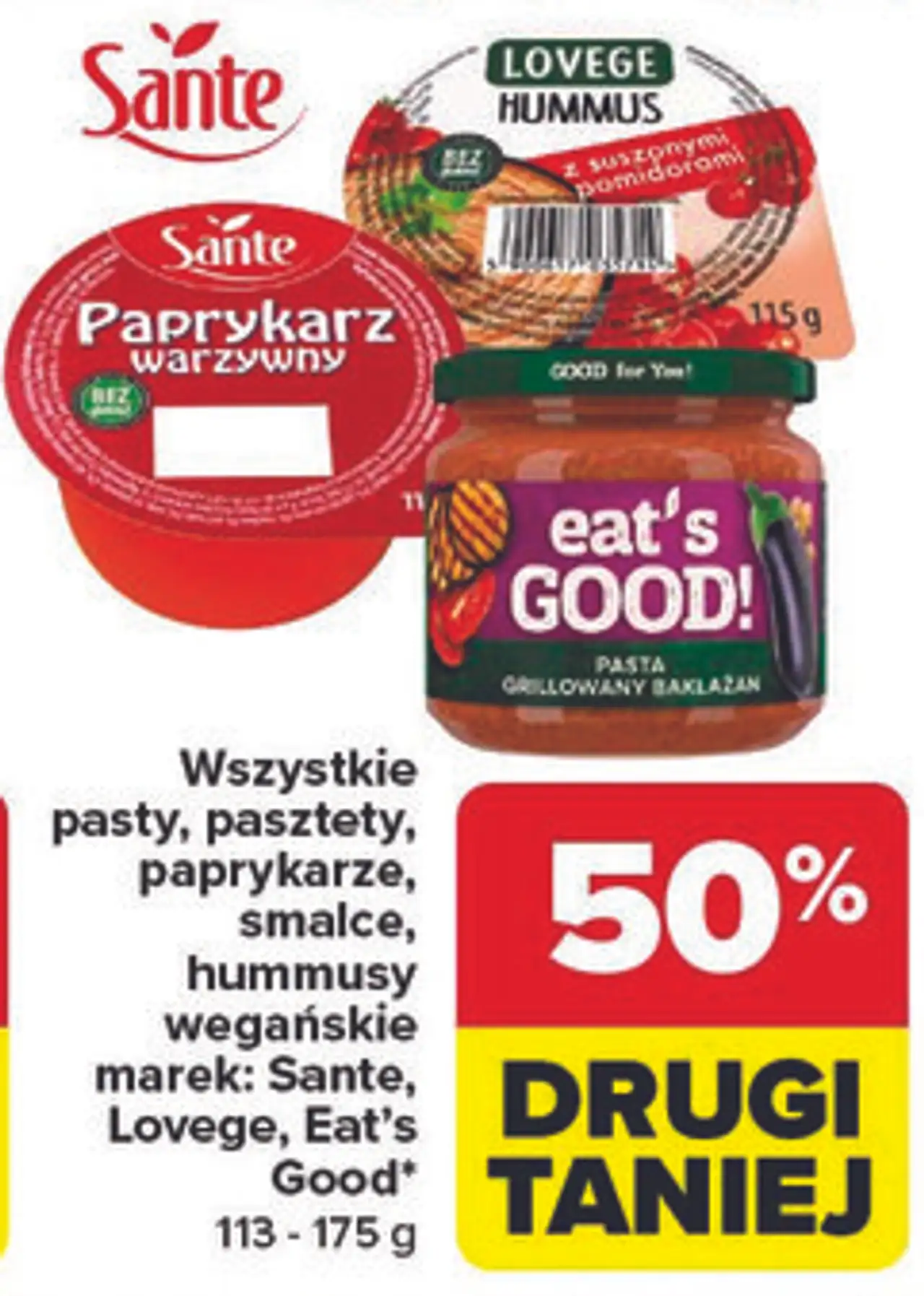 Wszystkie pasty, pasztety, paprykarze, smalce, hummusy wegańskie marek: Sante, Lovege, Eat's Good 113 - 175 g