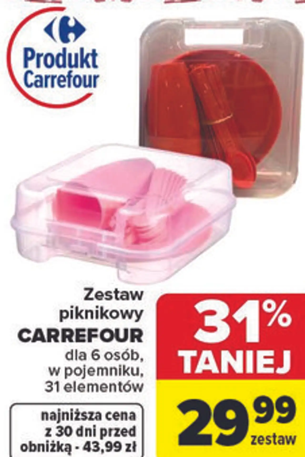 Zestaw piknikowy CARREFOUR dla 6 osób, w pojemniku, 31 elementów