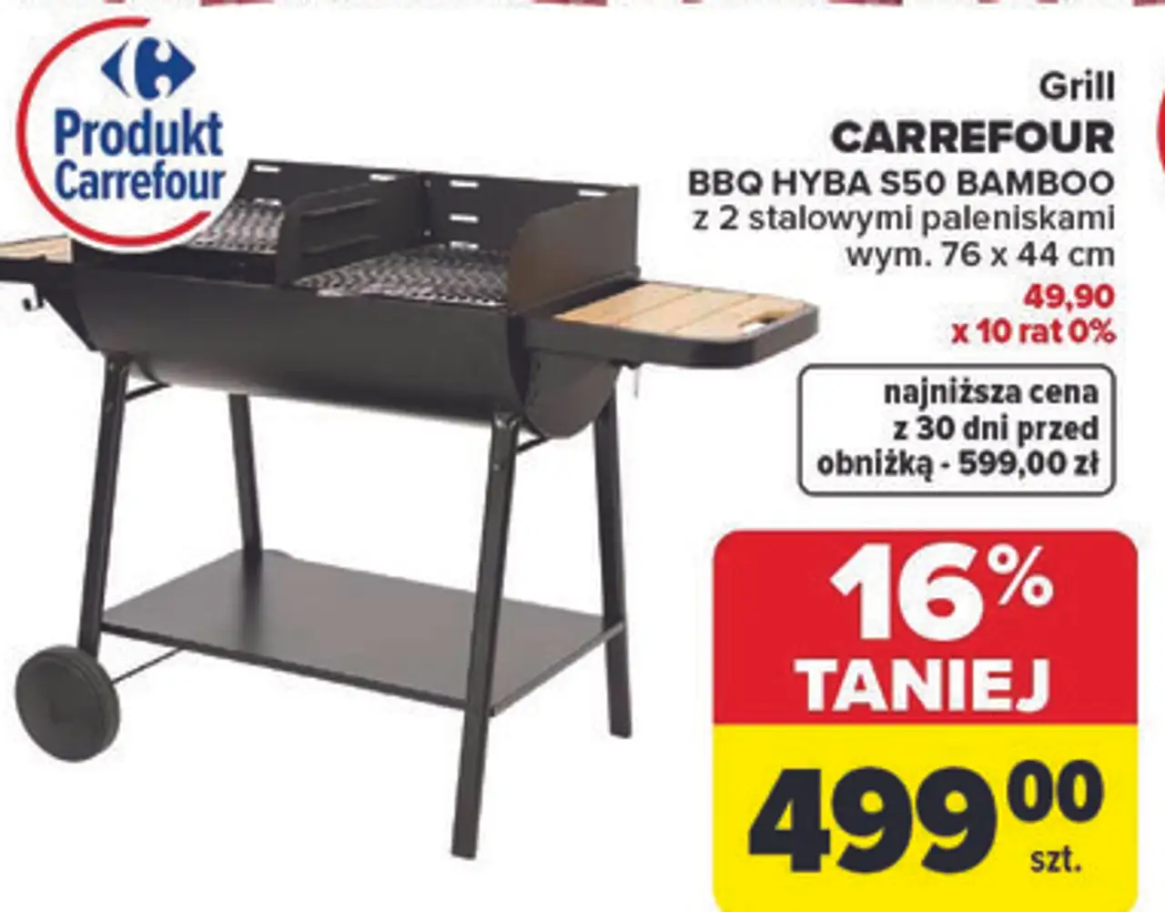 Grill CARREFOUR BBQ HYBA S50 BAMBOO z 2 stalowymi paleniskami