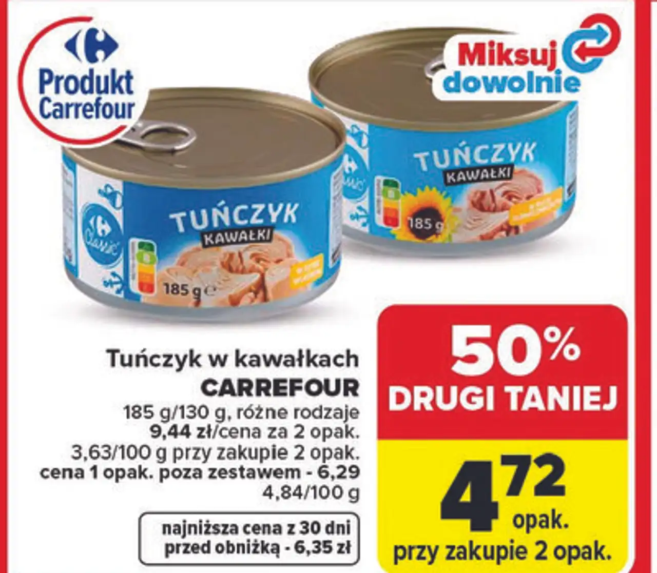 Tuńczyk w kawałkach CARREFOUR 185 g/130 g, różne rodzaje