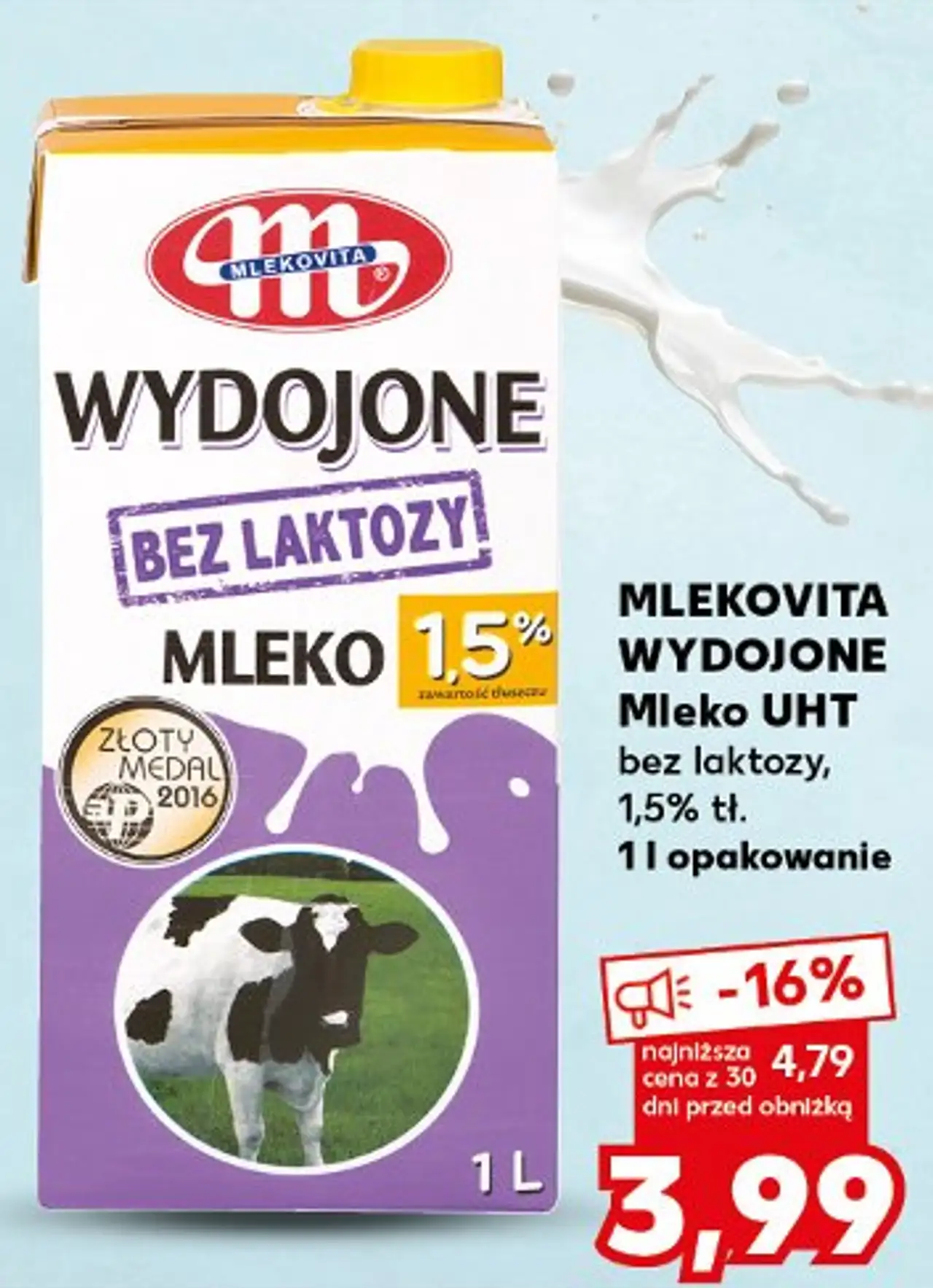 MLEKOVITA WYDOJONE Mleko UHT bez laktozy, 1,5% tł. 1 l opakowanie
