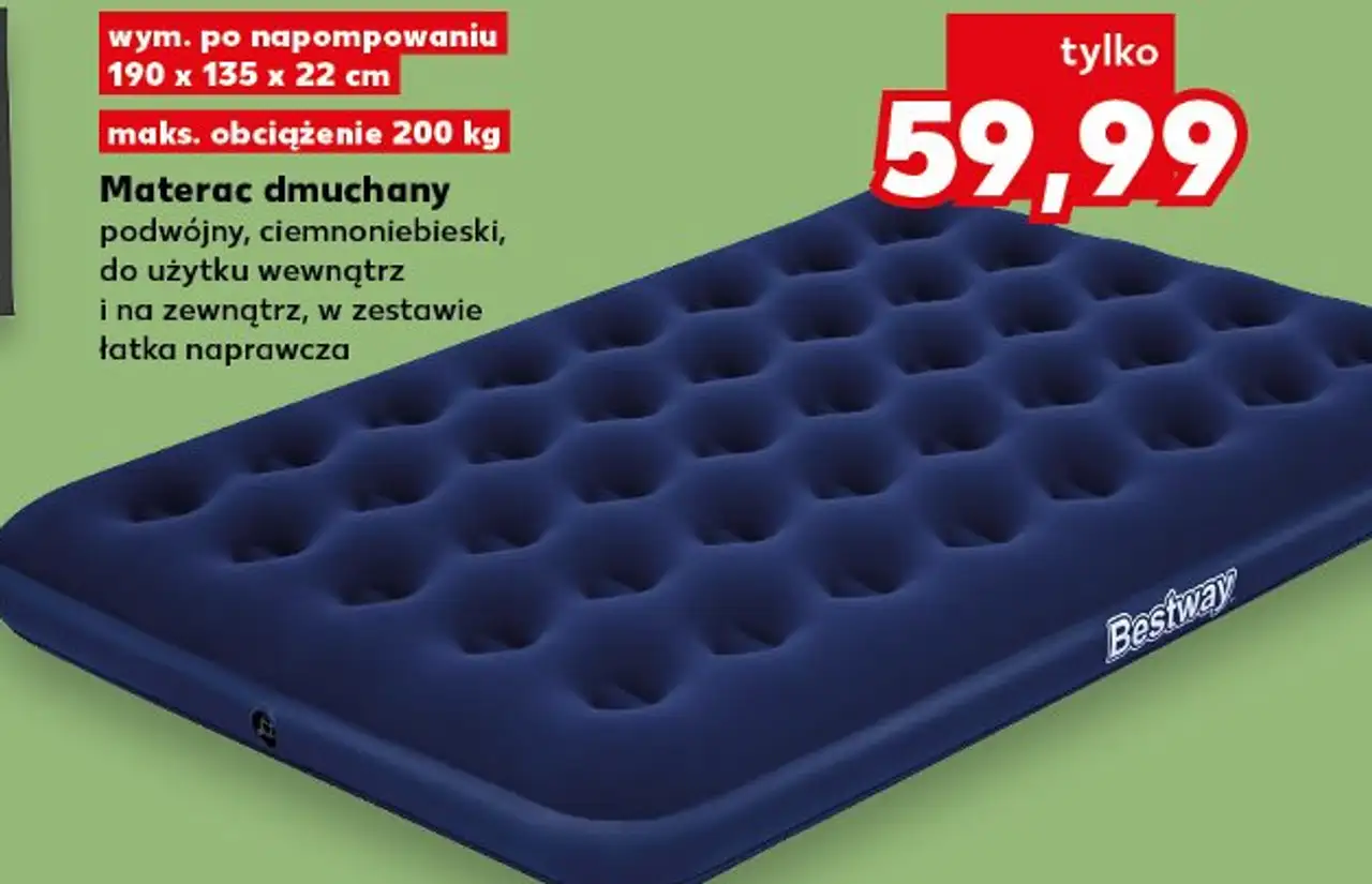 Materac dmuchany podwójny, ciemnoniebieski, do użytku wewnątrz i na zewnątrz, w zestawie łatka naprawcza