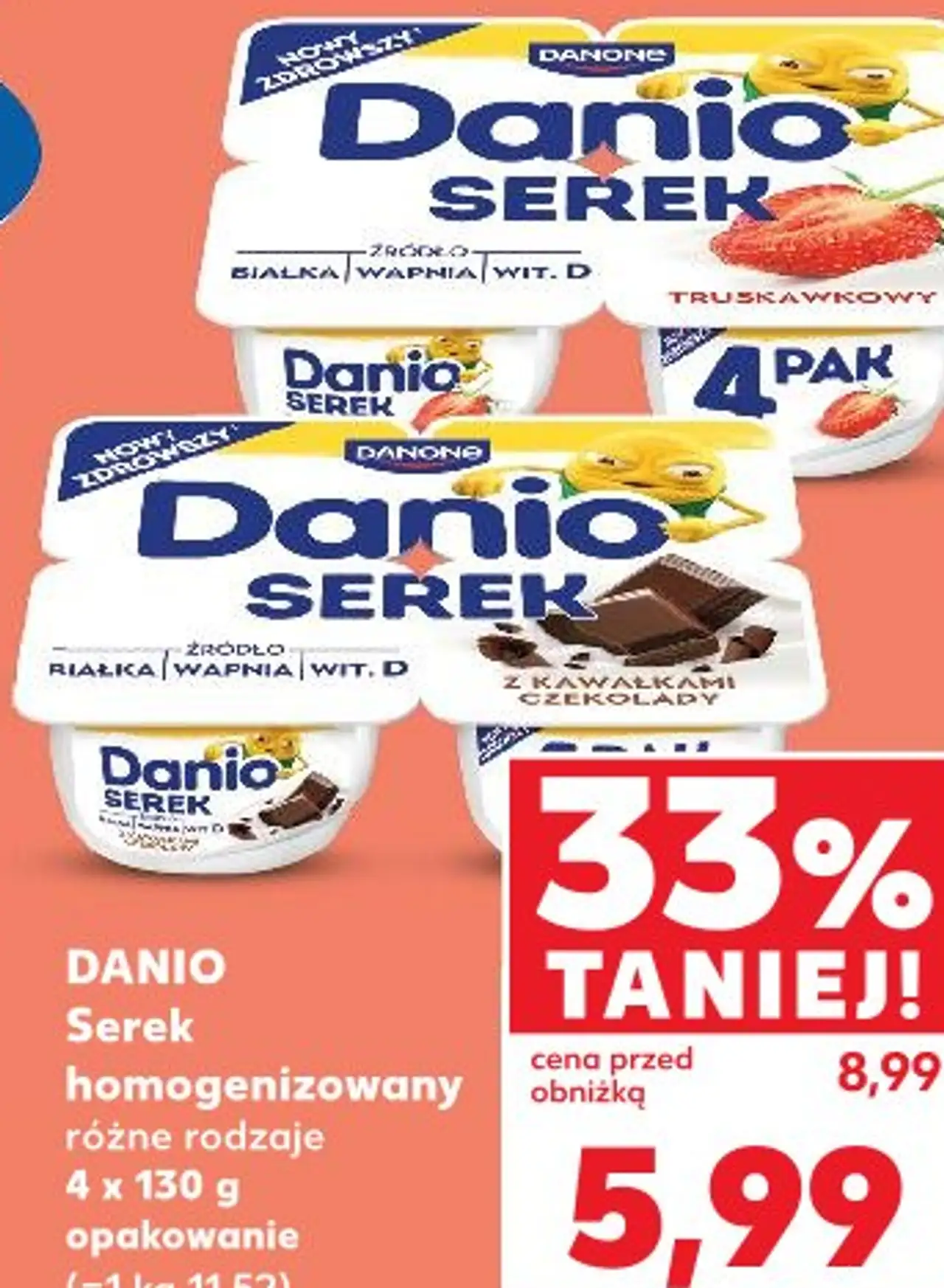 Danio Serek homogenizowany różne rodzaje 4 x 130 g opakowanie