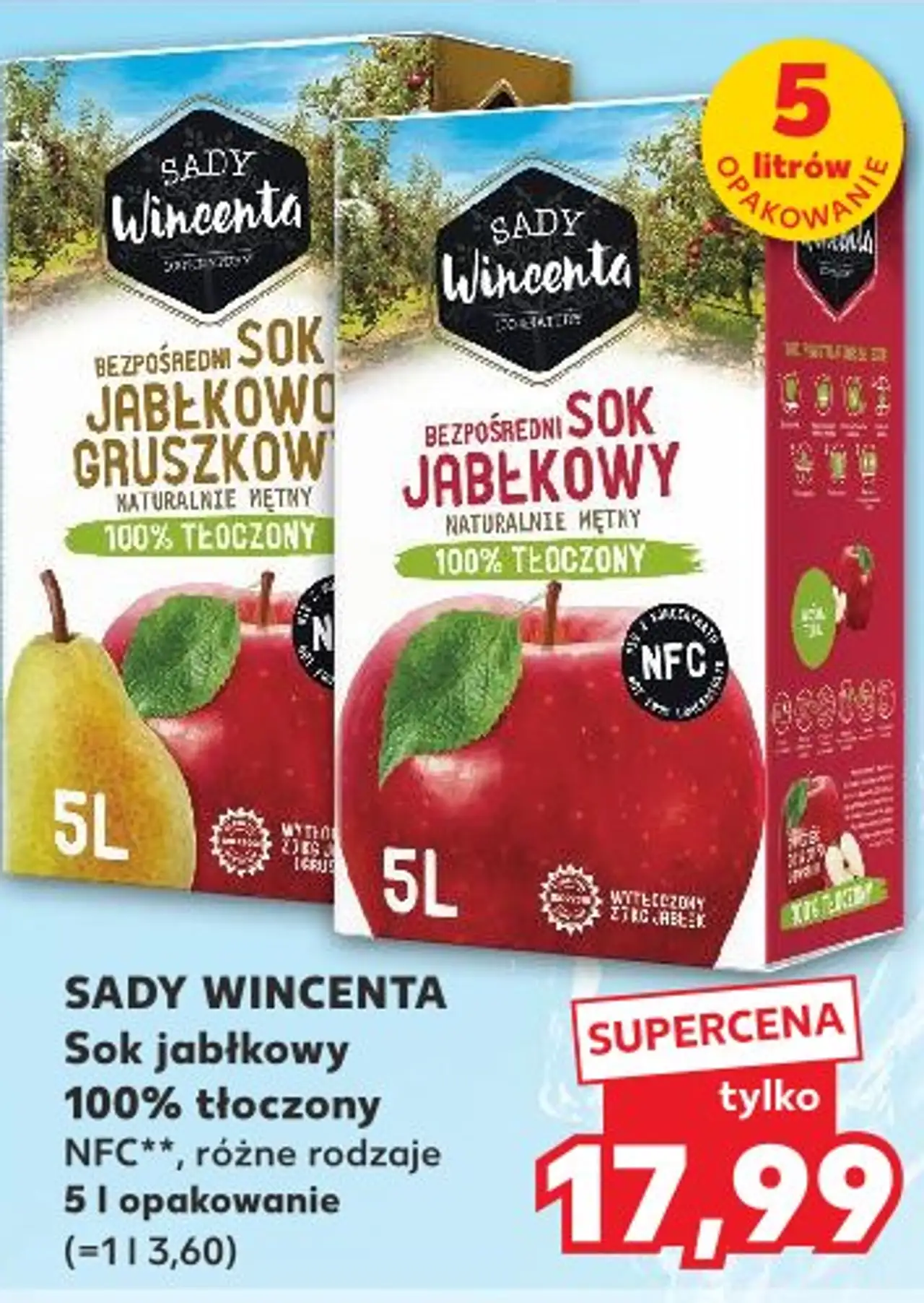 SADY WINCENTA Sok jabłkowy 100% tłoczony NFC**, różne rodzaje 5 l opakowanie