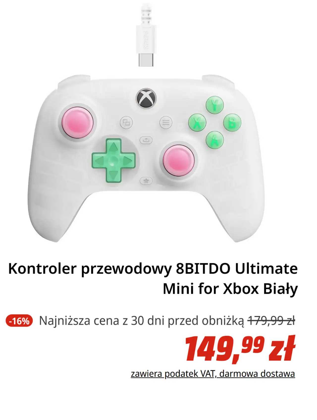 Kontroler przewodowy 8BITDO Ultimate Mini for Xbox Biały