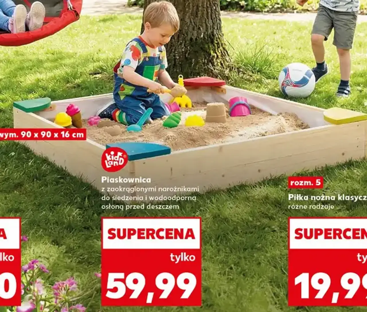 Piaskownica z zaokrąglonymi narożnikami do siedzenia i wodoodporną osłoną przed deszczem, wym. 90 x 90 x 16 cm