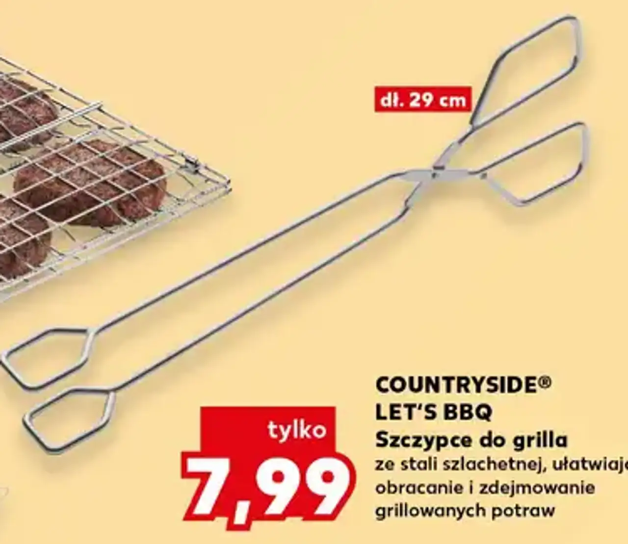 Szczypce do grilla ze stali szlachetnej, ułatwiają obracanie i zdejmowanie grillowanych potraw