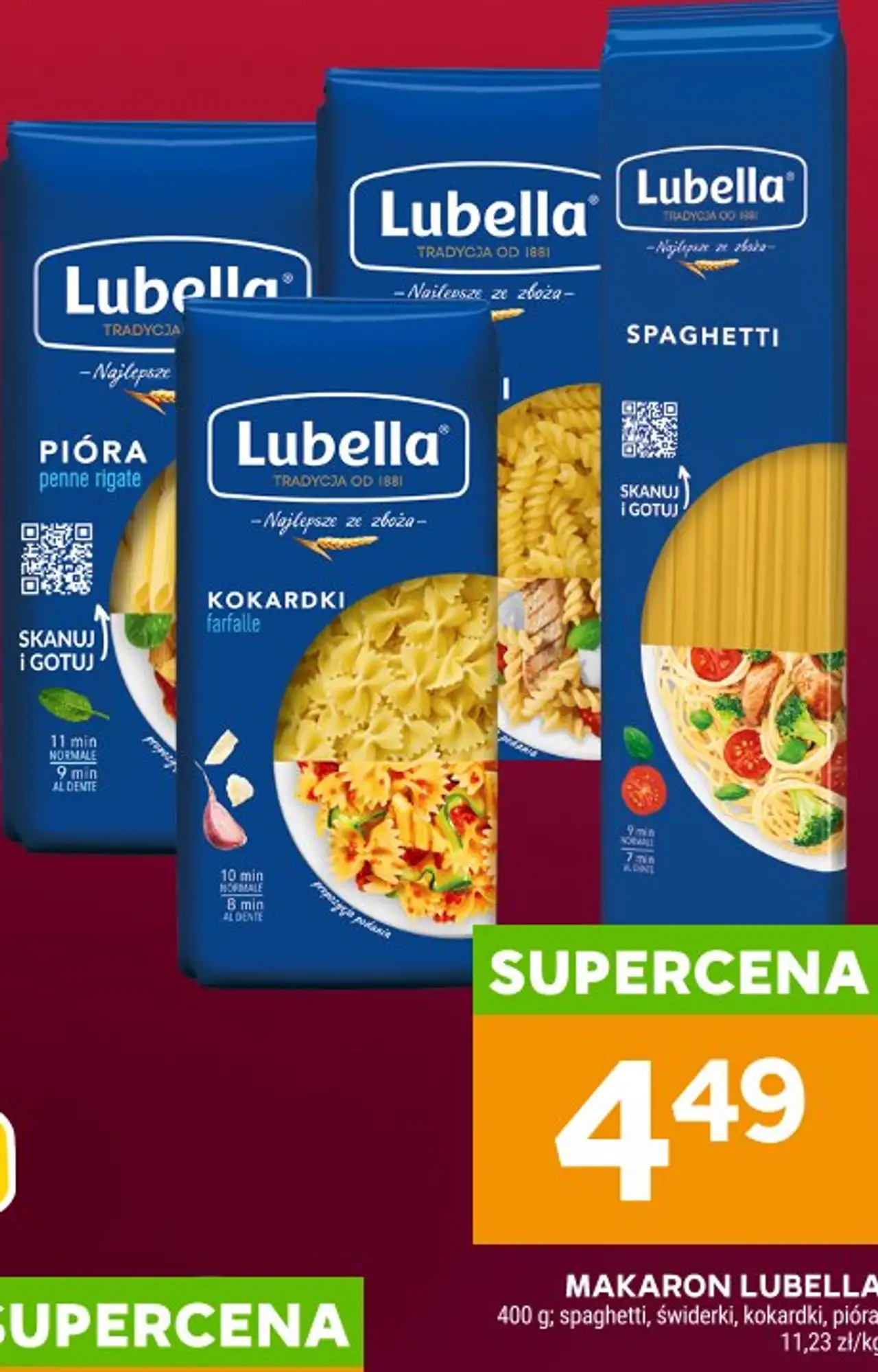 MAKARON LUBELLA 400 g; spaghetti, świderki, kokardki, pióra; 11,23 zł/kg