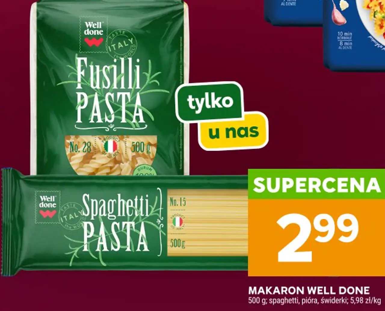 MAKARON WELL DONE 500 g; spaghetti, pióra, świderki; 5,98 zł/kg