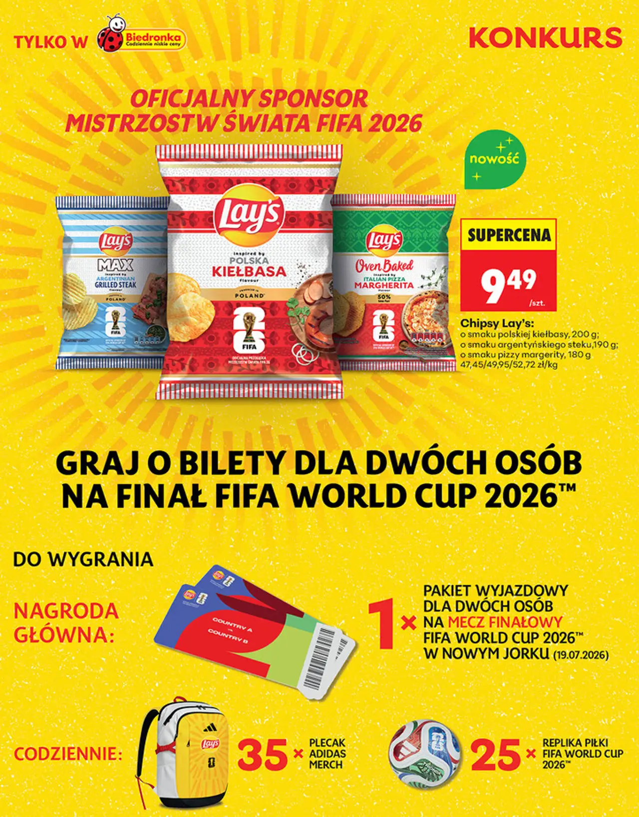 Chipsy Lay's: o smaku polskiej kiełbasy, 200 g; o smaku argentyńskiego steku, 190 g; o smaku pizzy margerity, 180 g