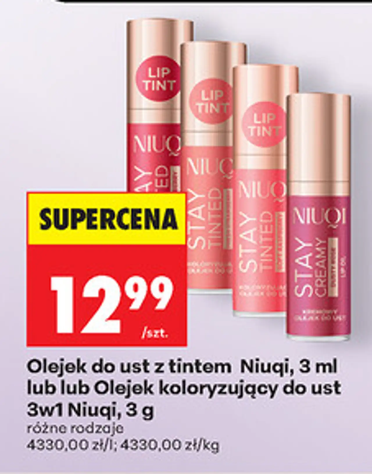 Olejek do ust z tintem Niuqi, 3 ml lub Olejek koloryzujący do ust 3w1 Niuqi, 3 g