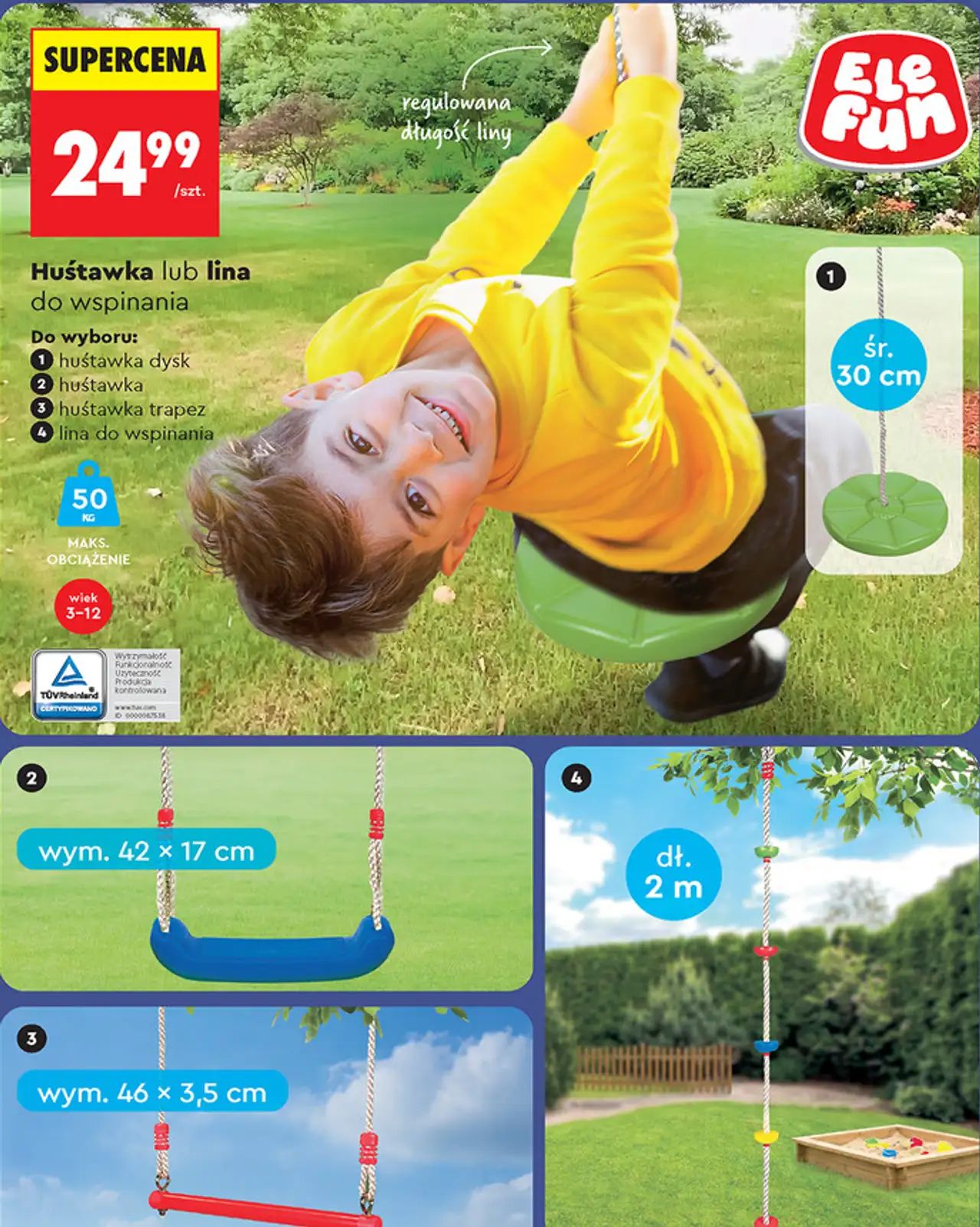 Huśtawka lub lina do wspinania do wyboru: 1 huśtawka dysk 2 huśtawka 3 huśtawka trapez 4 lina do wspinania