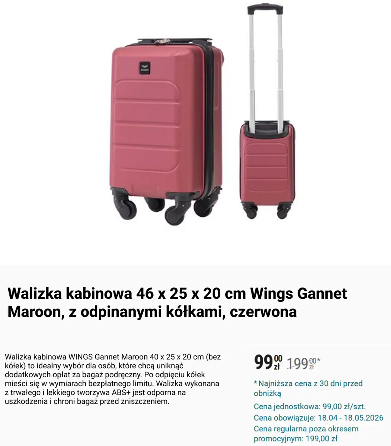 Walizka kabinowa 46 x 25 x 20 cm Wings Gannet Maroon, z odpinanymi kółkami, czerwona