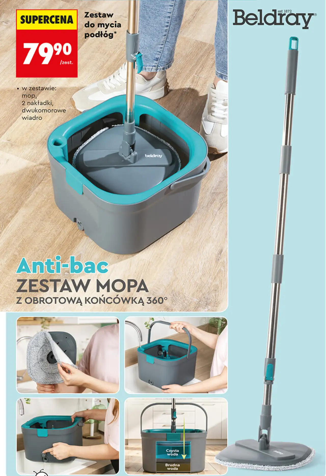 Zestaw do mycia podłóg Beldray Anti-bac Zestaw mopa z obrotową końcówką 360°