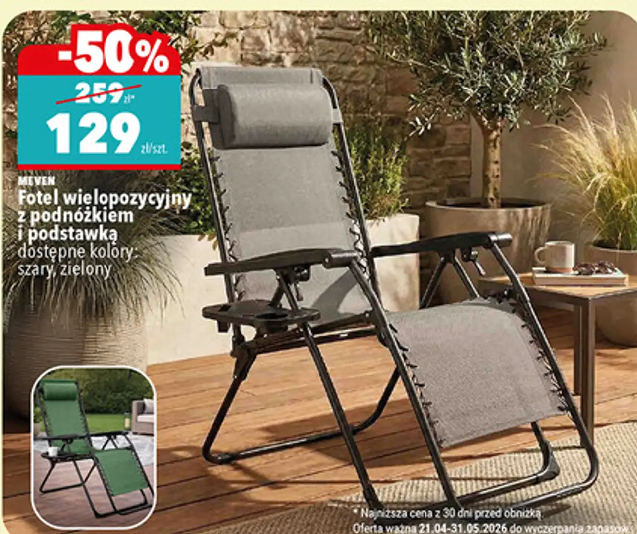 Fotel wielopozycyjny z podnóżkiem i podstawką dostępne kolory: szary, zielony MEVEN
