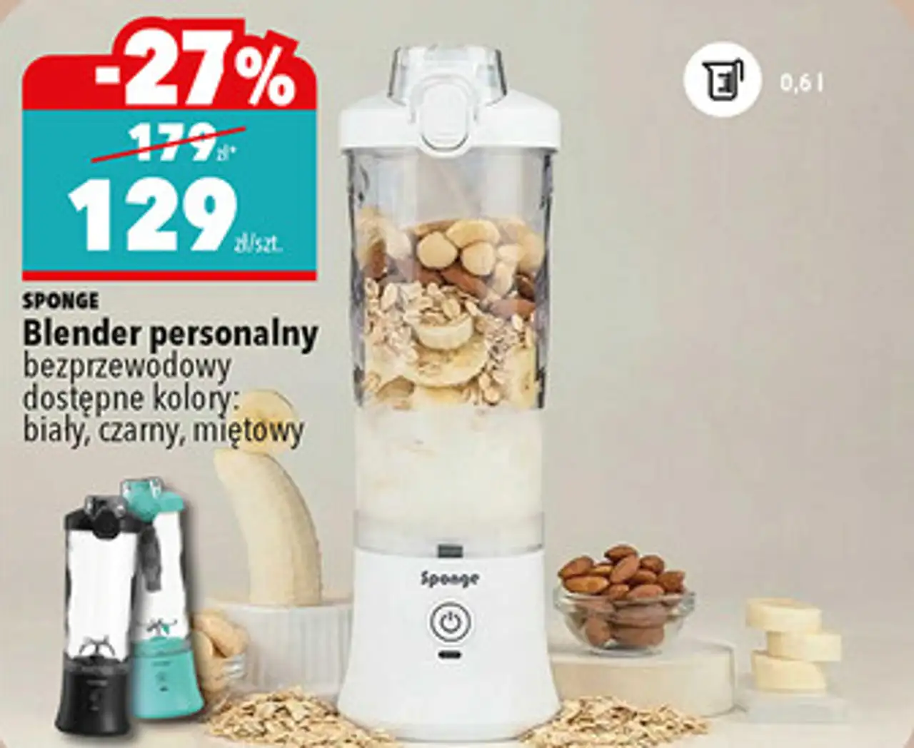 SPONGE Blender personalny bezprzewodowy dostępne kolory: biały, czarny, miętowy