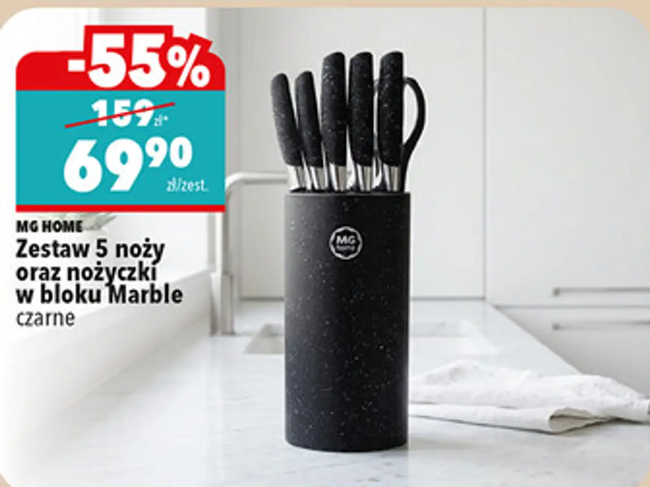 MG HOME Zestaw 5 noży oraz nożyczki w bloku Marble czarne
