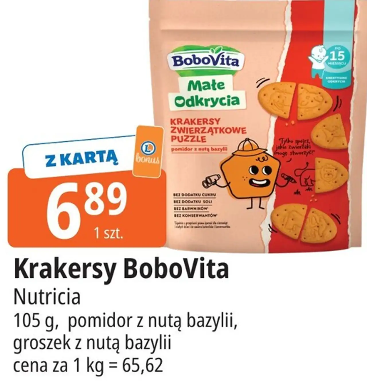 Krakersy BoboVita Nutricia 105 g, pomidor z nutą bazylii, groszek z nutą bazylii
