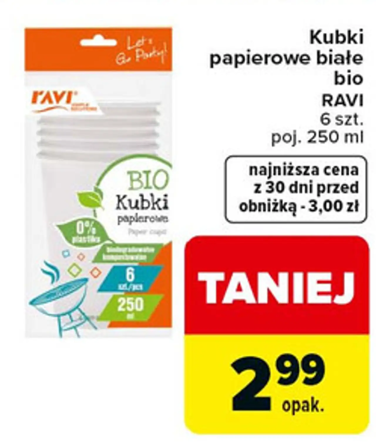 Kubki papierowe białe bio RAVI 6 szt. 250 ml
