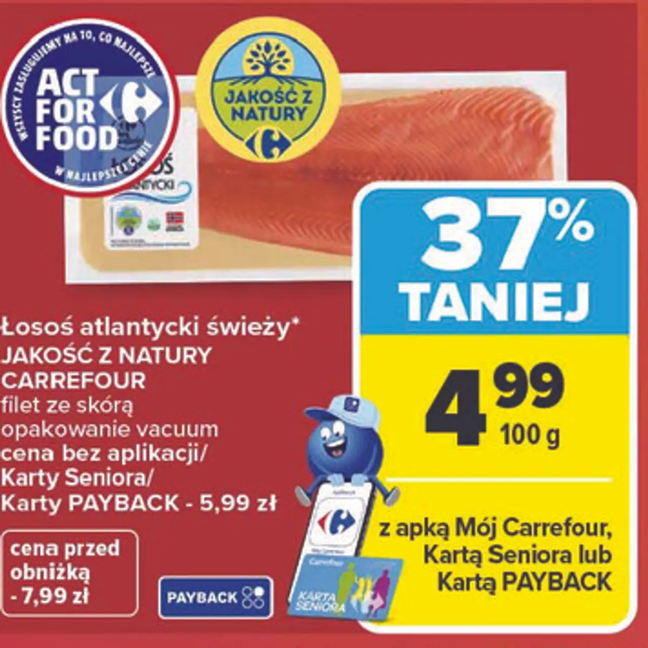 Łosoś atlantycki świeży* JAKOŚĆ Z NATURY CARREFOUR filet ze skórą opakowanie vacuum