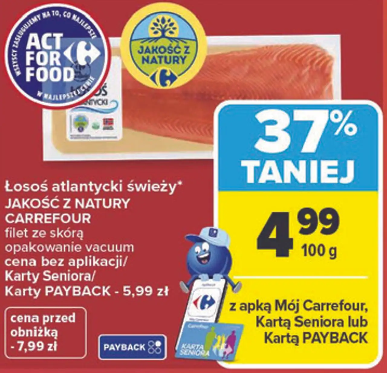 Łosoś atlantycki świeży* JAKOŚĆ Z NATURY CARREFOUR filet ze skórą opakowanie vacuum