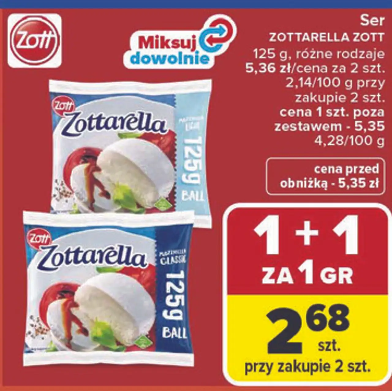 Ser ZOTTARELLA ZOTT 125 g, różne rodzaje