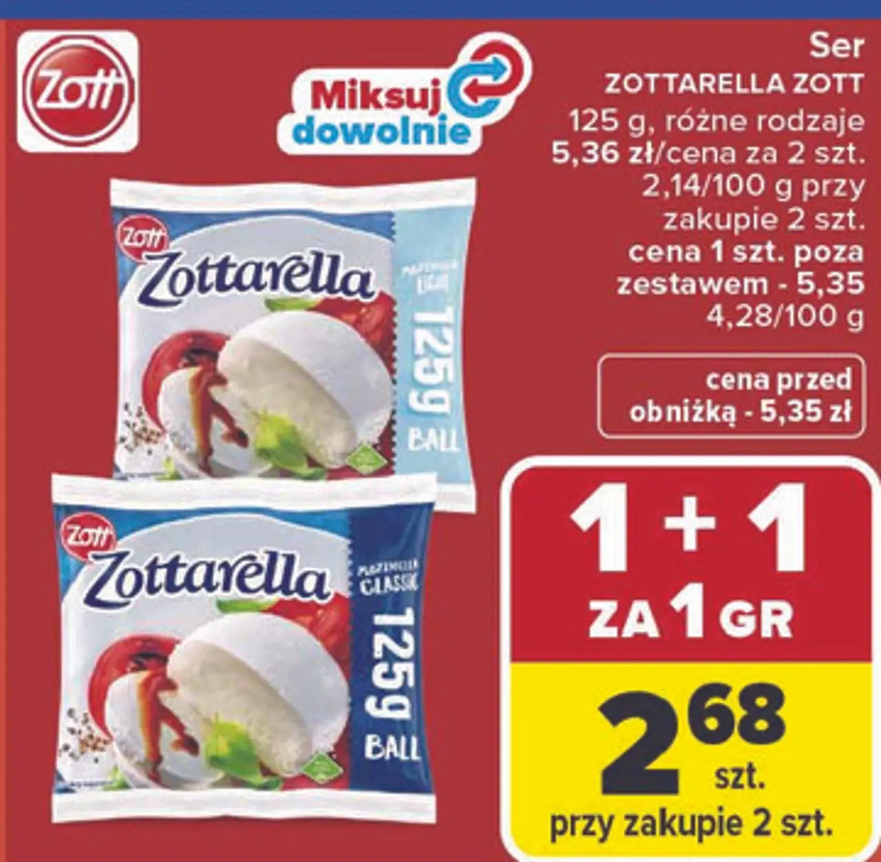 Ser ZOTTARELLA ZOTT 125 g, różne rodzaje