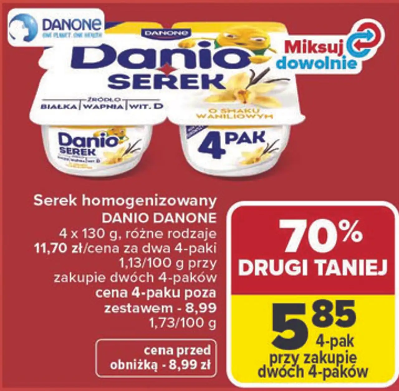 Serek homogenizowany DANIO DANONE 4 x 130 g, różne rodzaje