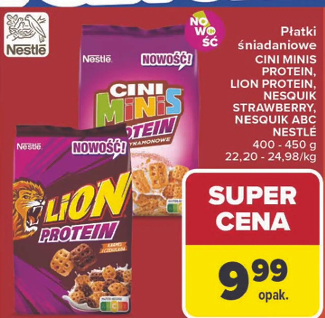 Płatki śniadaniowe CINI MINIS PROTEIN, LION PROTEIN, NESQUIK STRAWBERRY, NESQUIK ABC NESTLÉ