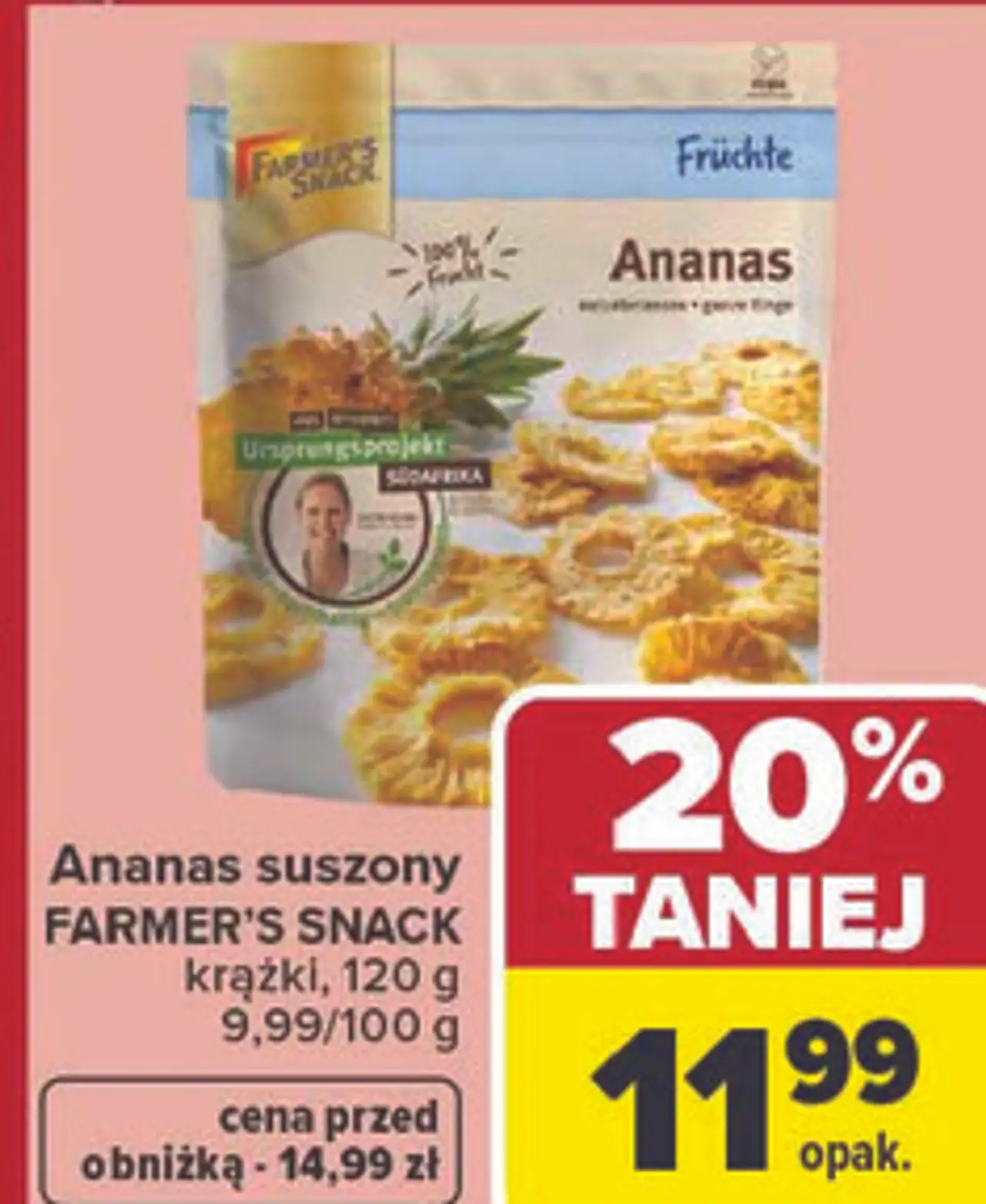 Ananas suszony FARMER'S SNACK krążki, 120 g