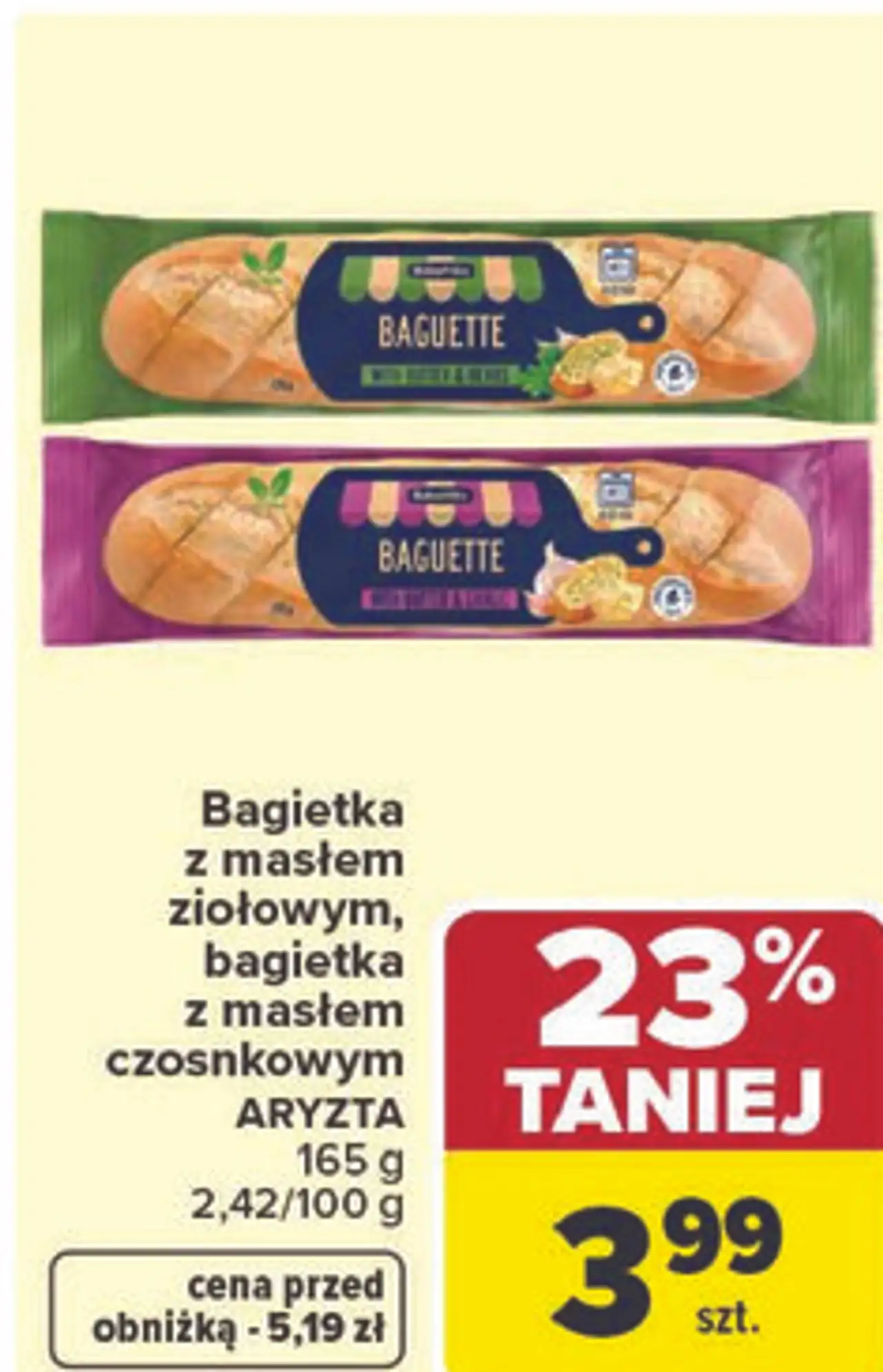 Bagietka z masłem ziołowym, bagietka z masłem czosnkowym ARYZTA 165 g