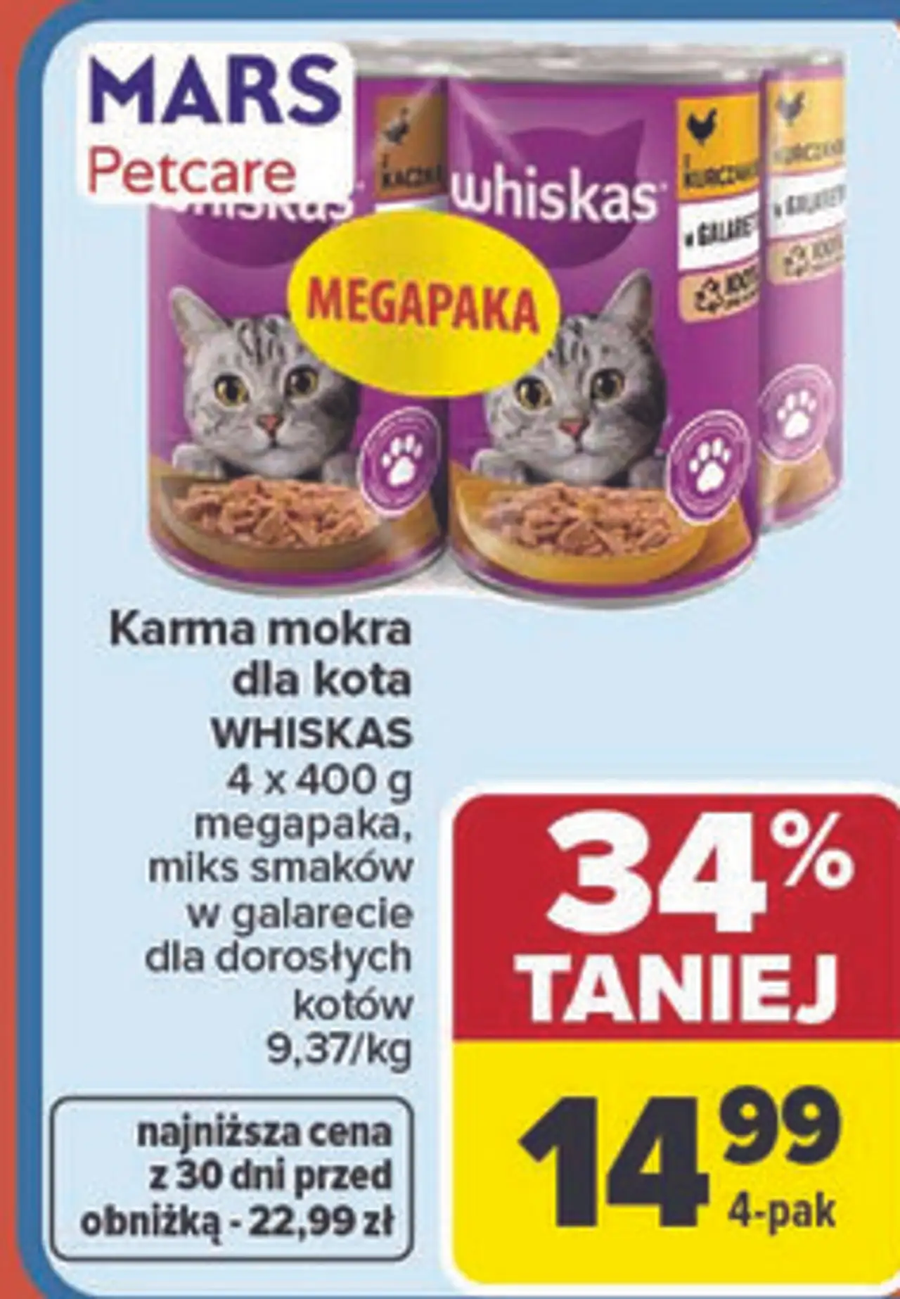 Karma mokra dla kota WHISKAS 4 x 400 g megapaka, miks smaków w galarecie dla dorosłych kotów
