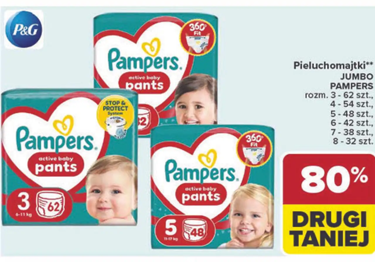 Pieluchomajtki** JUMBO PAMPERS rozm. 3 - 62 szt., 4 - 54 szt., 5 - 48 szt., 6 - 42 szt., 7 - 38 szt., 8 - 32 szt.