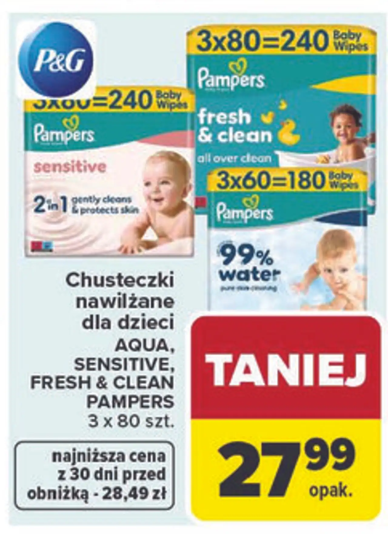 Chusteczki nawilżane dla dzieci AQUA, SENSITIVE, FRESH & CLEAN PAMPERS 3 x 80 szt.