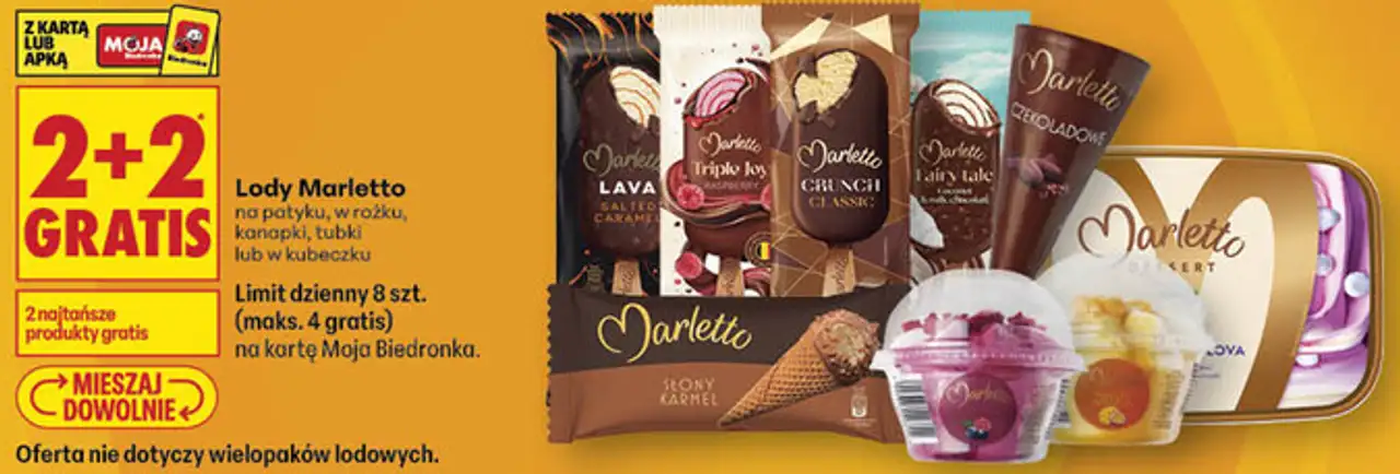 Lody Marletto na patyku, w rożku, kanapki, tubki lub w kubeczku