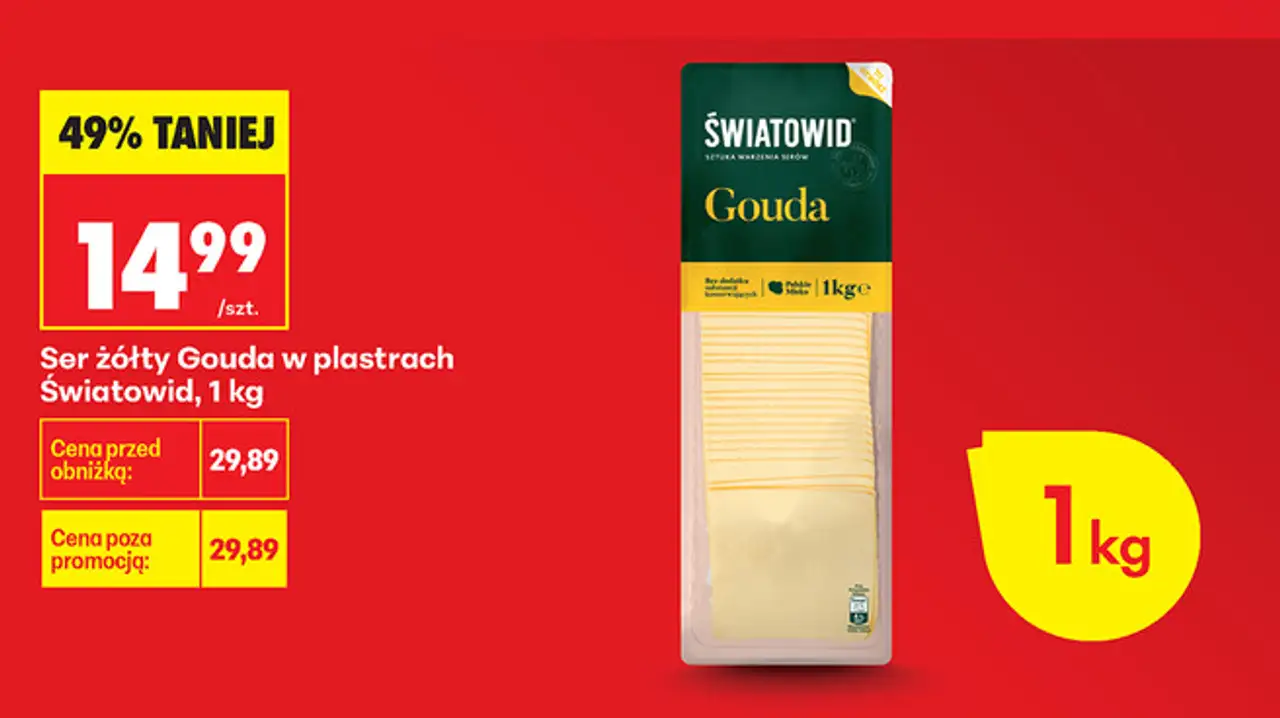 Ser żółty Gouda w plastrach Światowid, 1 kg
