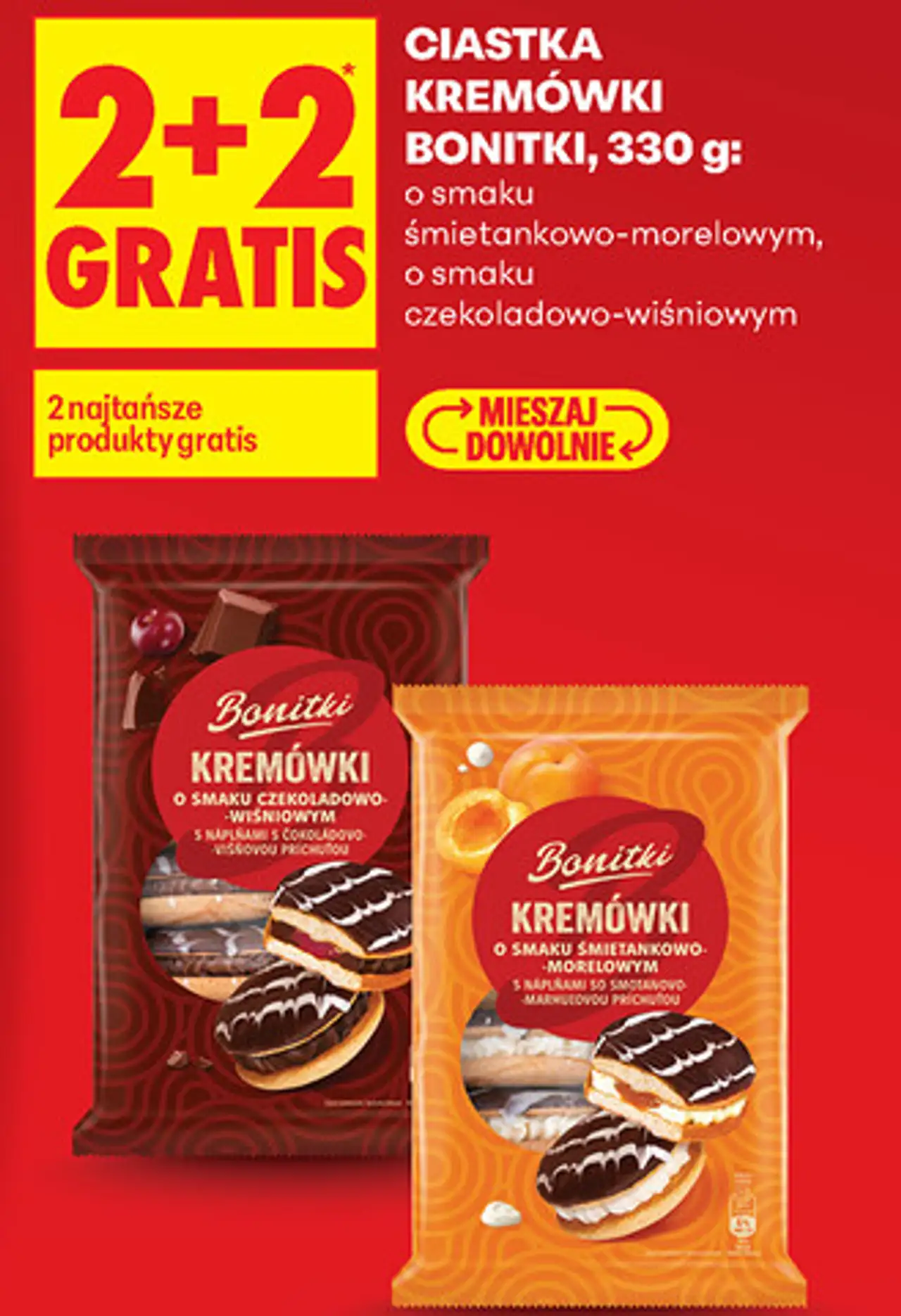 CIASTKA KREMÓWKI BONITKI, 330 g: o smaku śmietankowo-morelowym, o smaku czekoladowo-wiśniowym