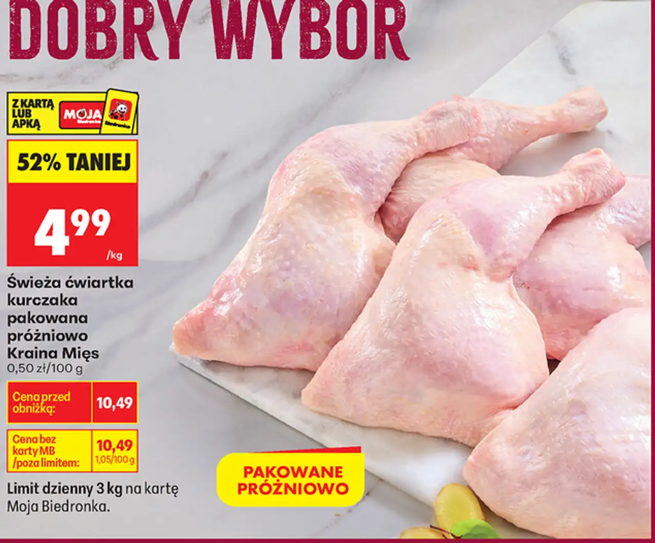 Świeża ćwiartka kurczaka pakowana próżniowo Kraina Mięs