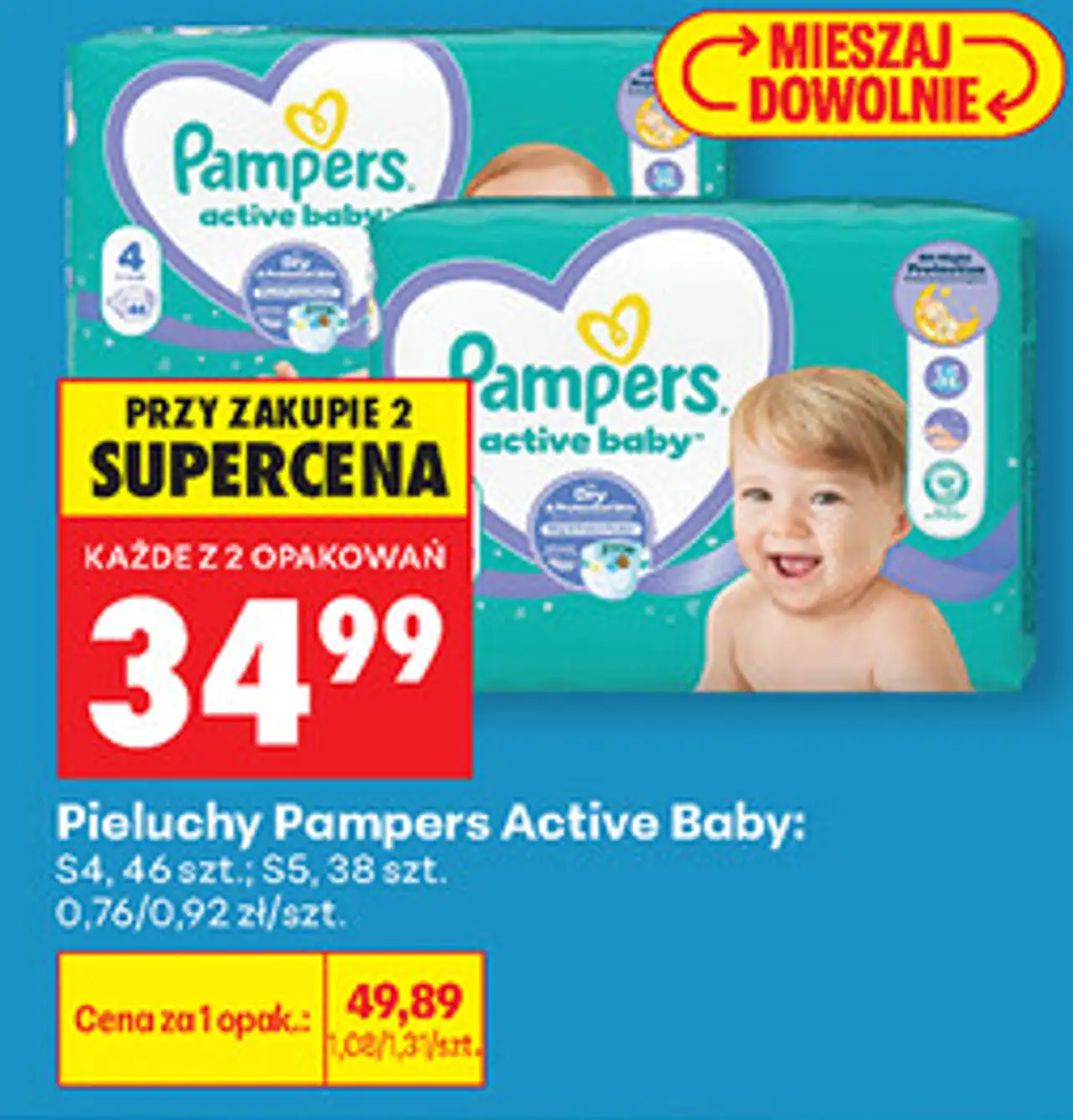 Pieluchy Pampers Active Baby: S4, 46 szt.; S5, 38 szt.