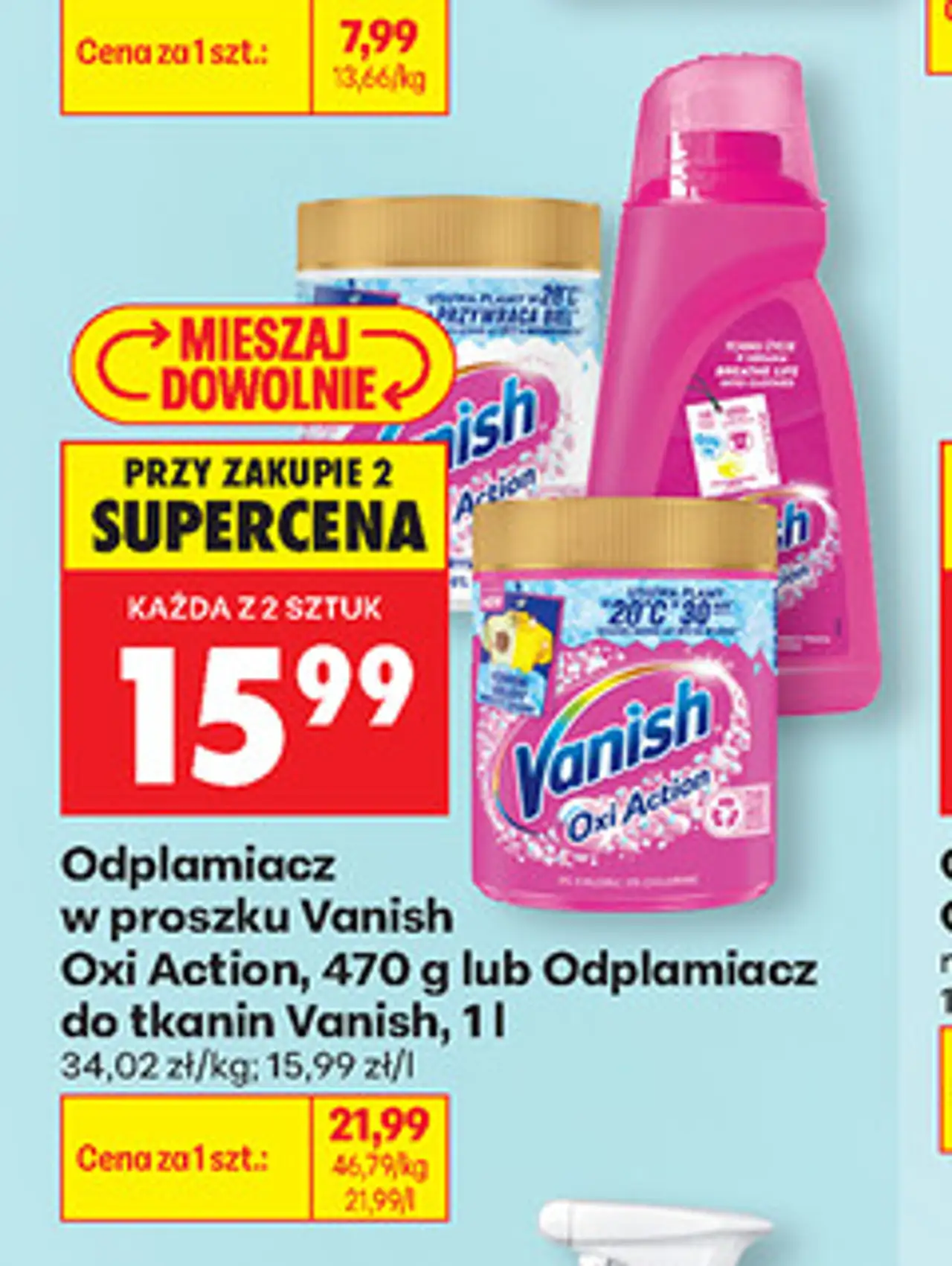 Odplamiacz w proszku Vanish Oxi Action, 470 g lub Odplamiacz do tkanin Vanish, 1 l