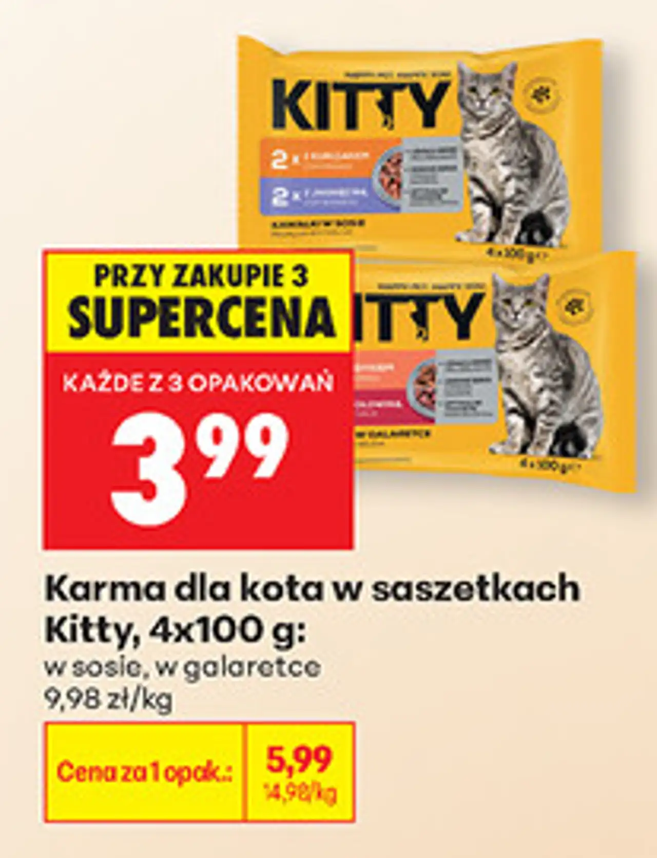 Karma dla kota w saszetkach Kitty, 4x100 g: w sosie, w galaretce