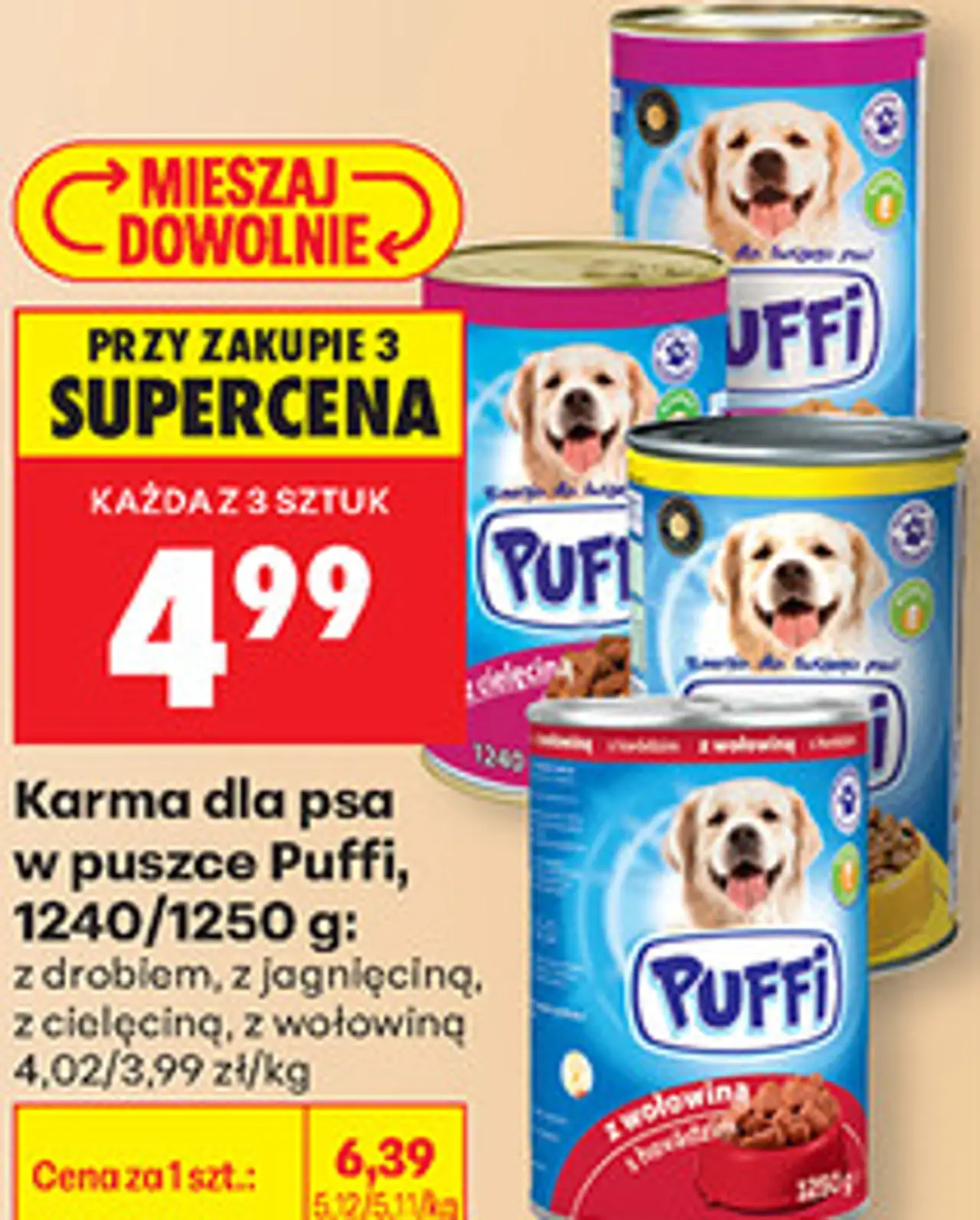 Karma dla psa w puszce Puffi, 1240/1250 g: z drobiem, z jagnięciną, z cielęciną, z wołowiną