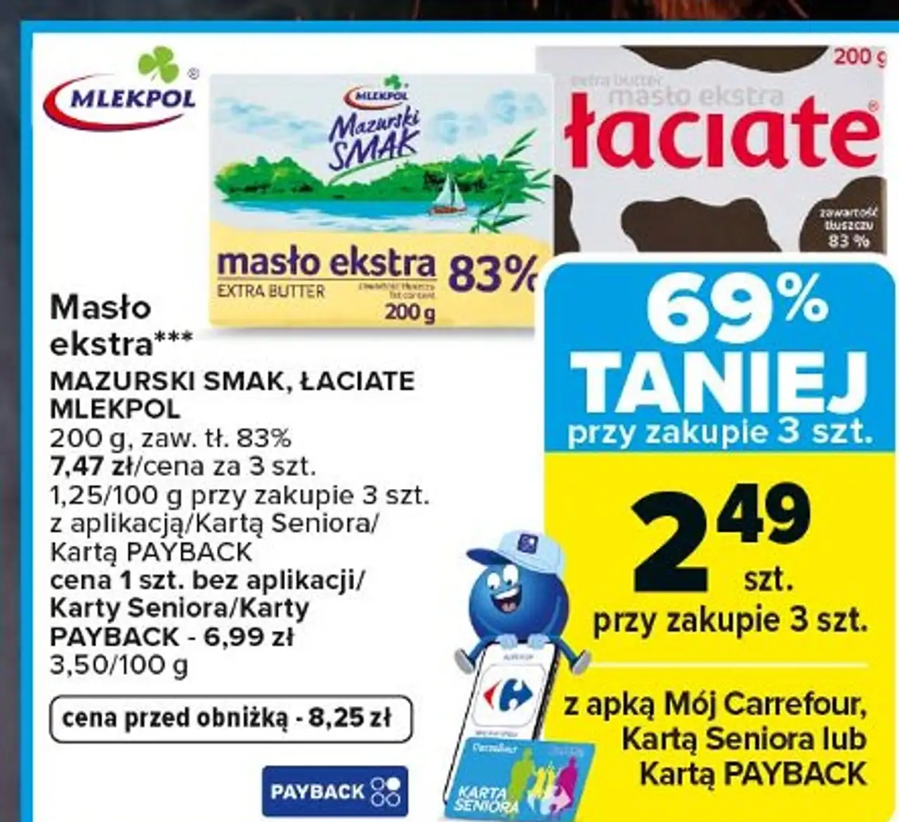 Masło ekstra*** MAZURSKI SMAK, ŁACIATE MLEKPOL 200 g, zaw. tł. 83%