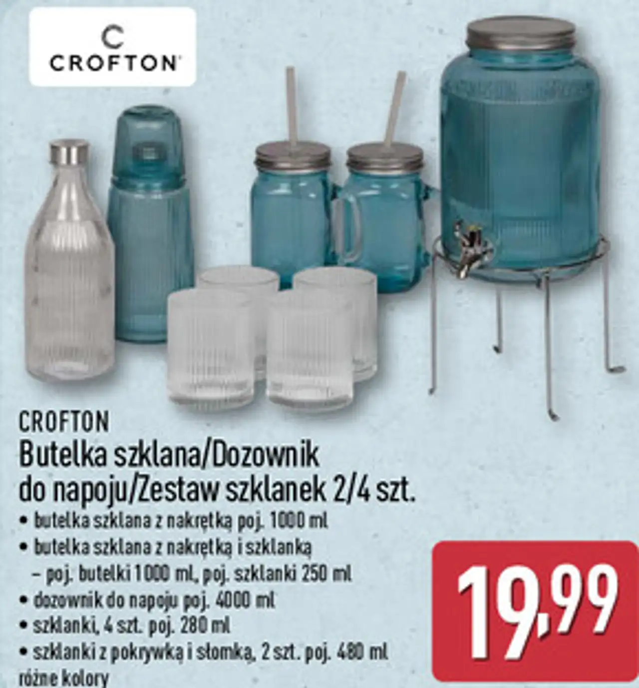 CROFTON Butelka szklana/Dozownik do napoju/Zestaw szklanek 2/4 szt.