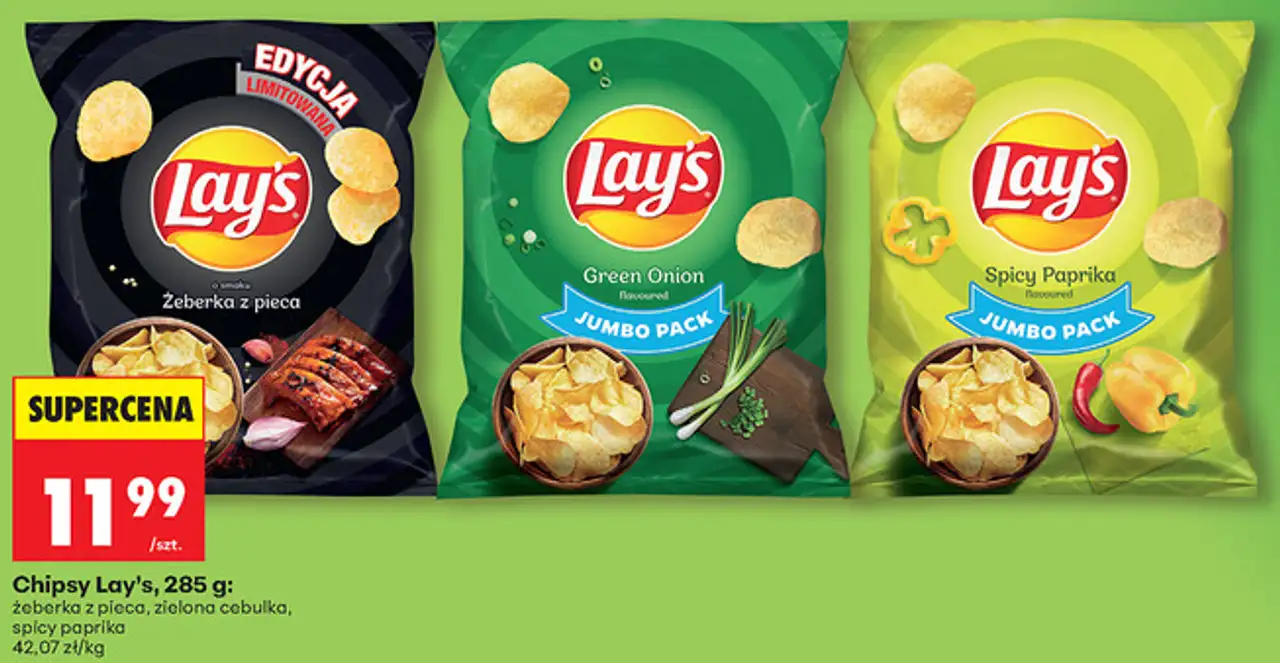 Chipsy Lay's, 285 g: żeberka z pieca, zielona cebulka, spicy paprika
